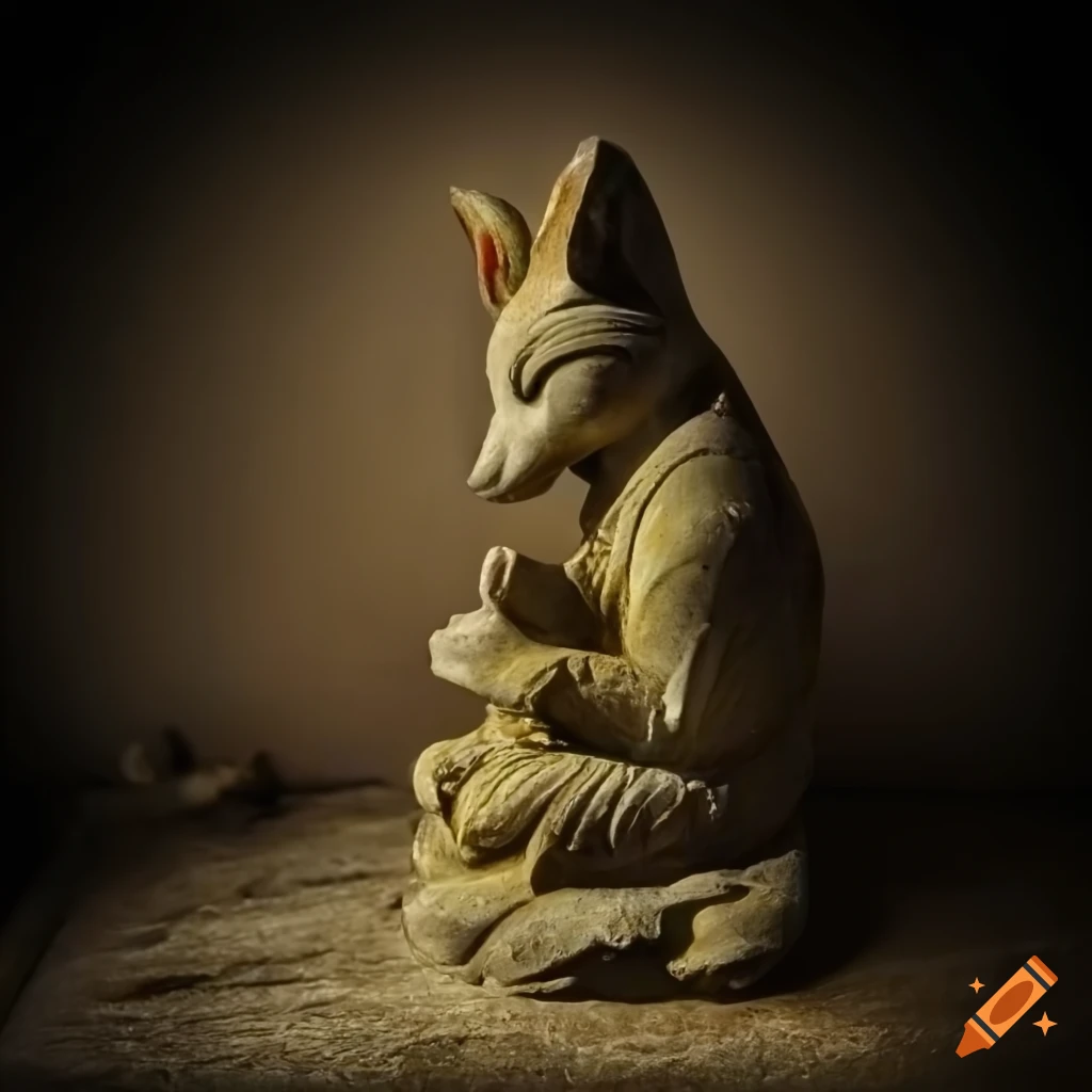 stone statue of a praying kitsune at a Japanese shrine