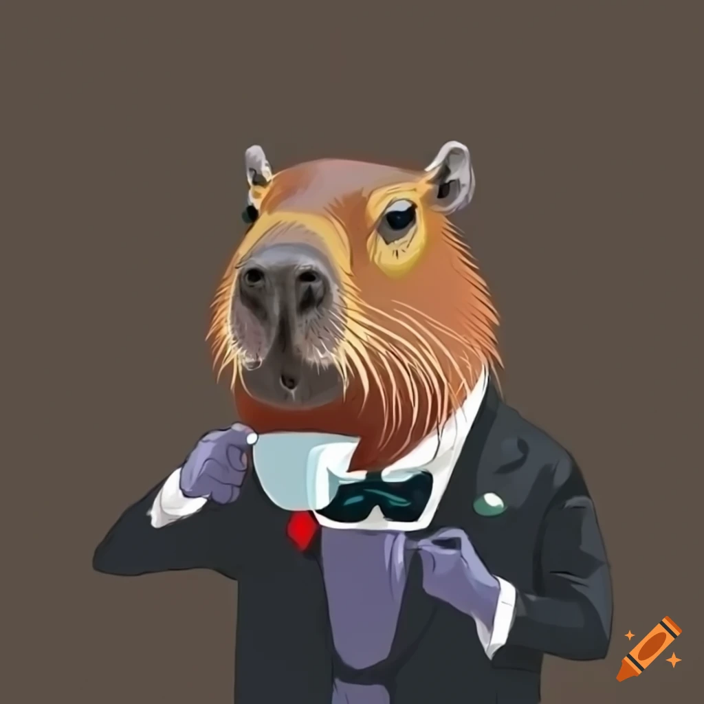 capybara in a tuxedo drinking coffee