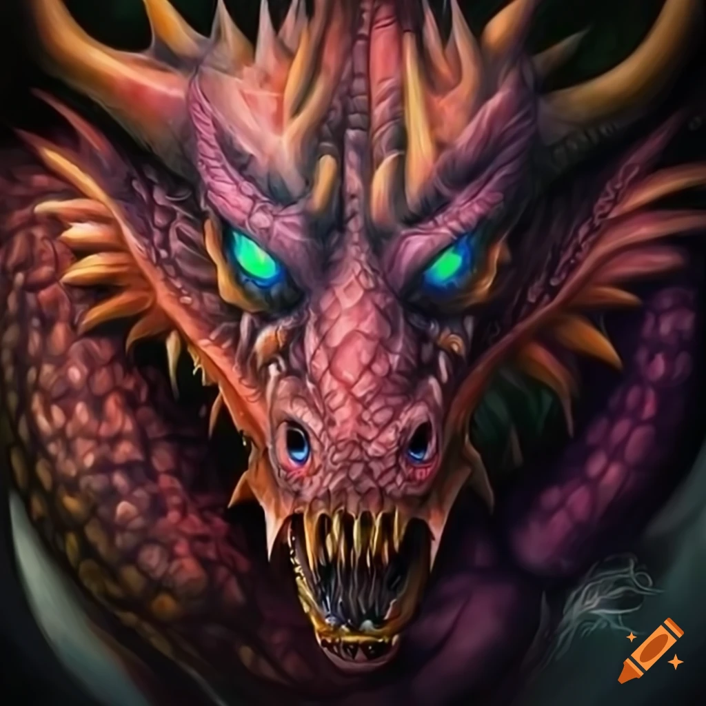 Big red dragon with green eyes in a cave with family in oil pastel on ...