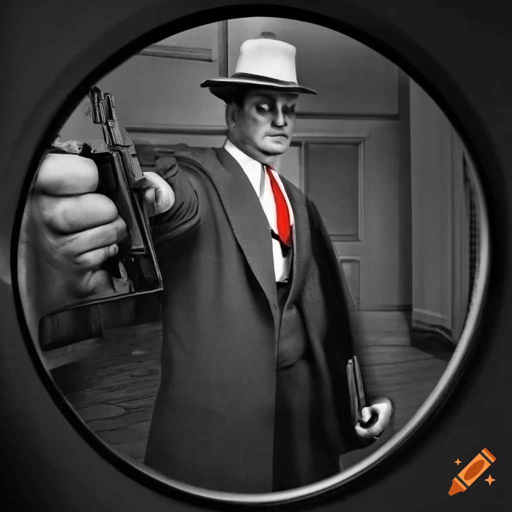 black and white photo of a mafia man with a red tie holding a gun
