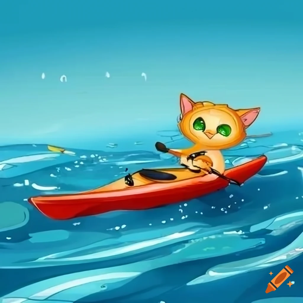cartoon cat kayaking on a river