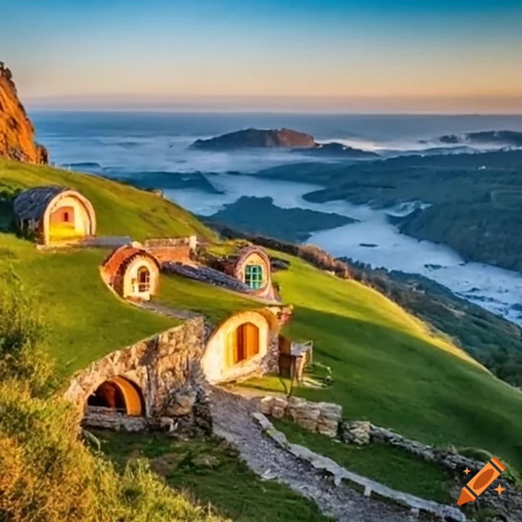 Golden hour photo of a hobbit house on a hill on Craiyon