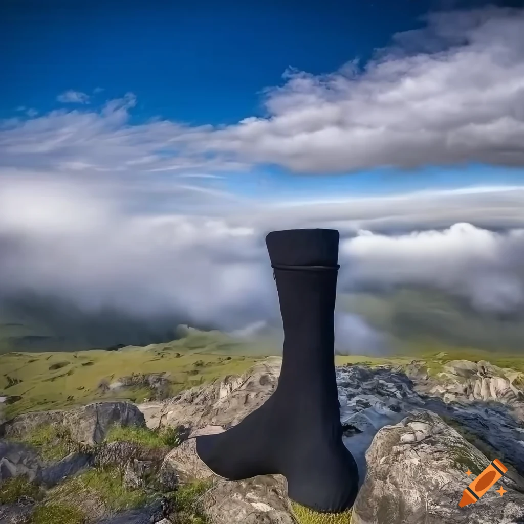 artistic depiction of a giant foot covered in a black sock in the clouds