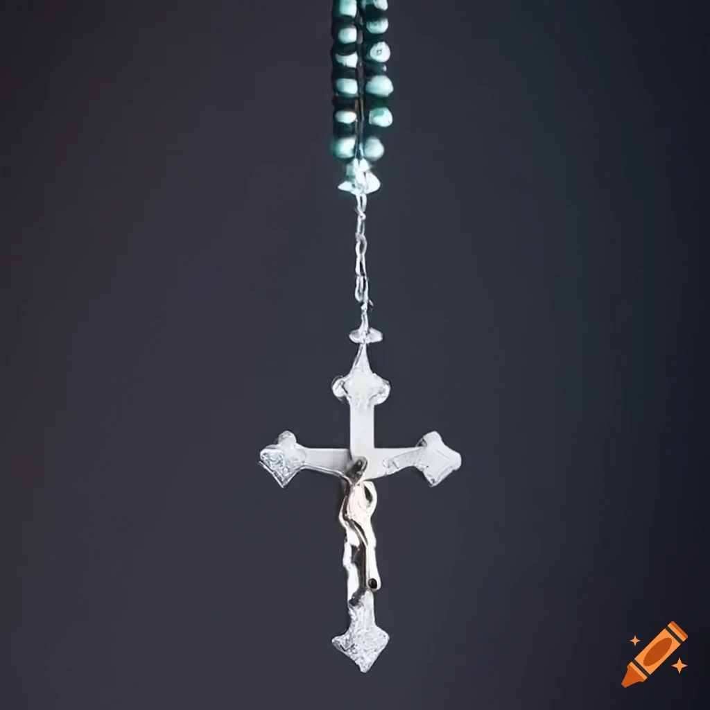 Rosary and cross hanging on car mirror