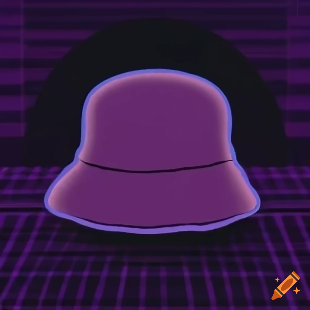 Pingu wearing a bucket hat in synthwave style