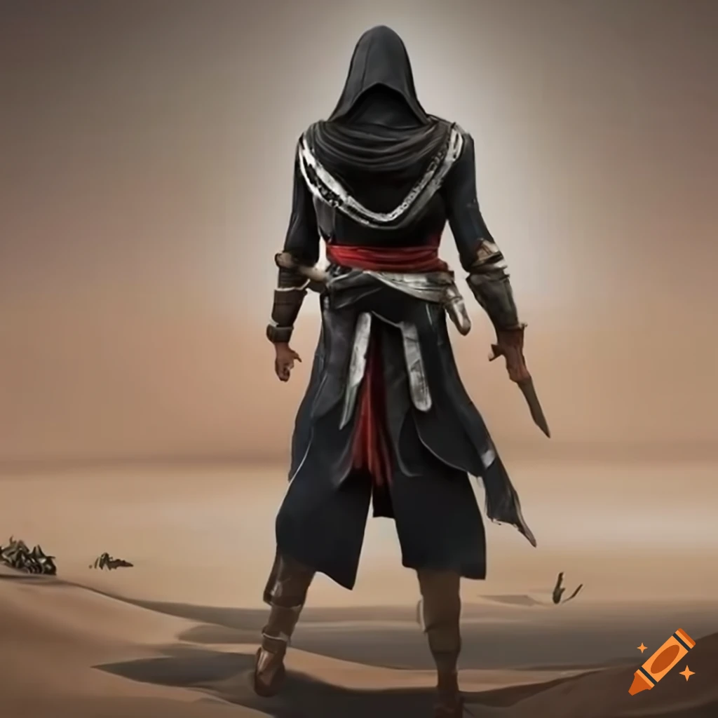 Arabic assassin in black robe in the desert