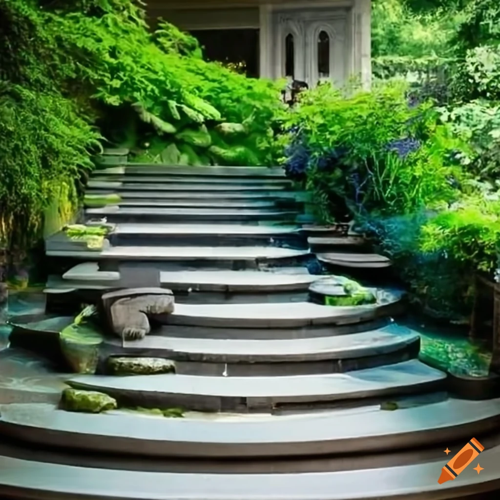 silver stairs leading to a balcony in a garden