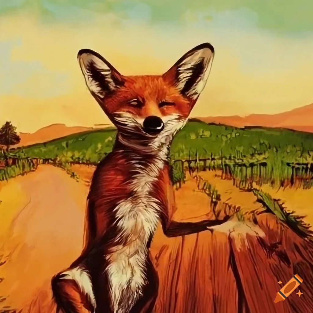 illustration of a fox in a vineyard from the graphic novel Kalahari Mountain Lodge, Noir