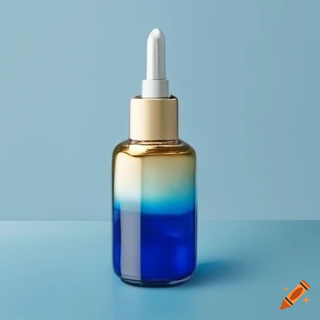 serum bottle with blue base and gold accents