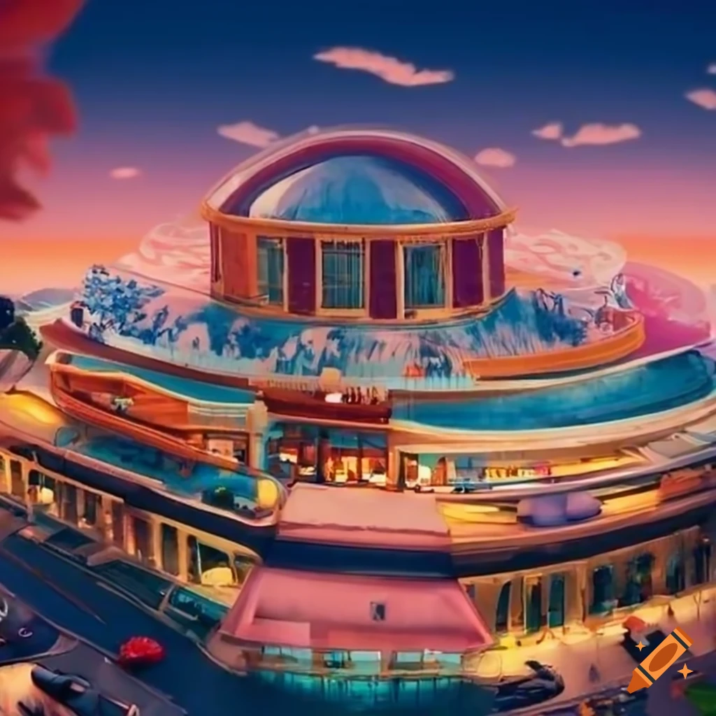 top view of a mall in pixar animation style