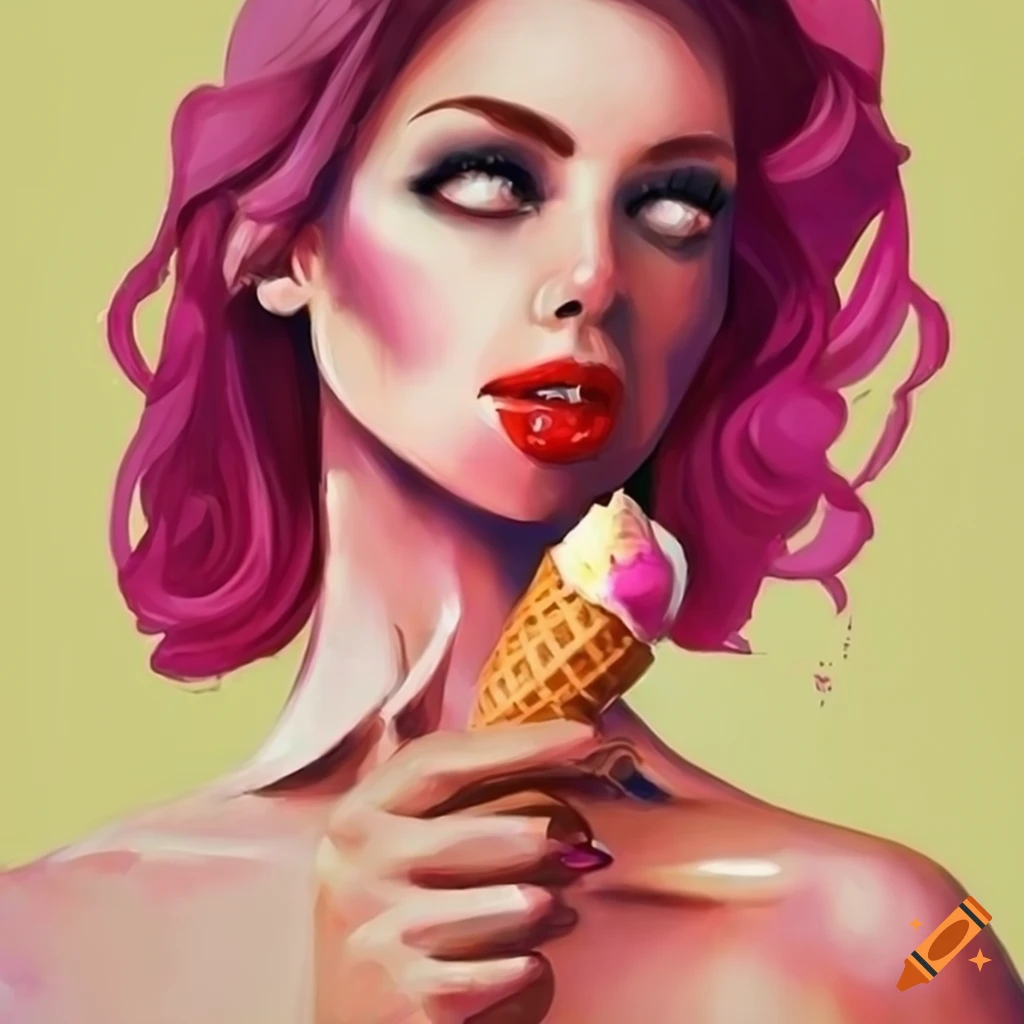 Stylish artwork of a woman enjoying ice cream