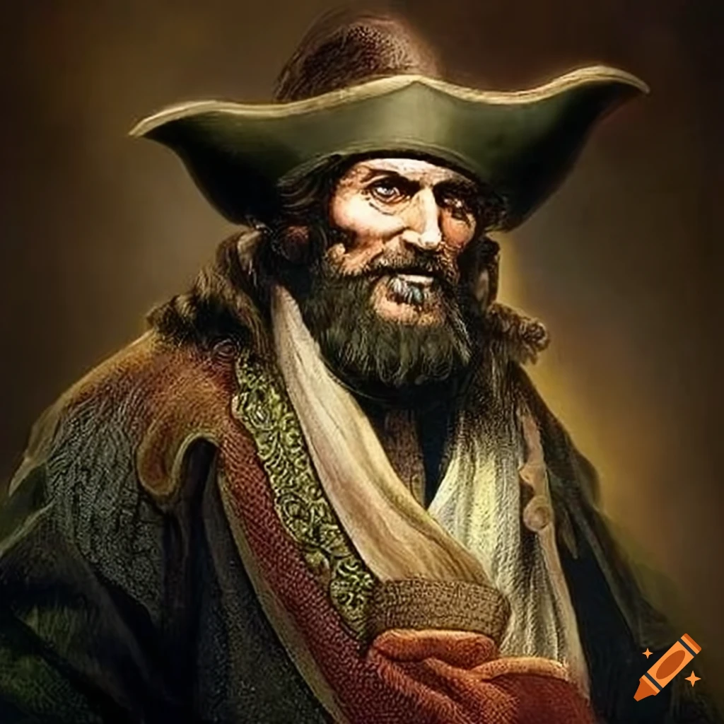 Watercolor Portrait Of A Confident Naval Captain Turned Pirate With A