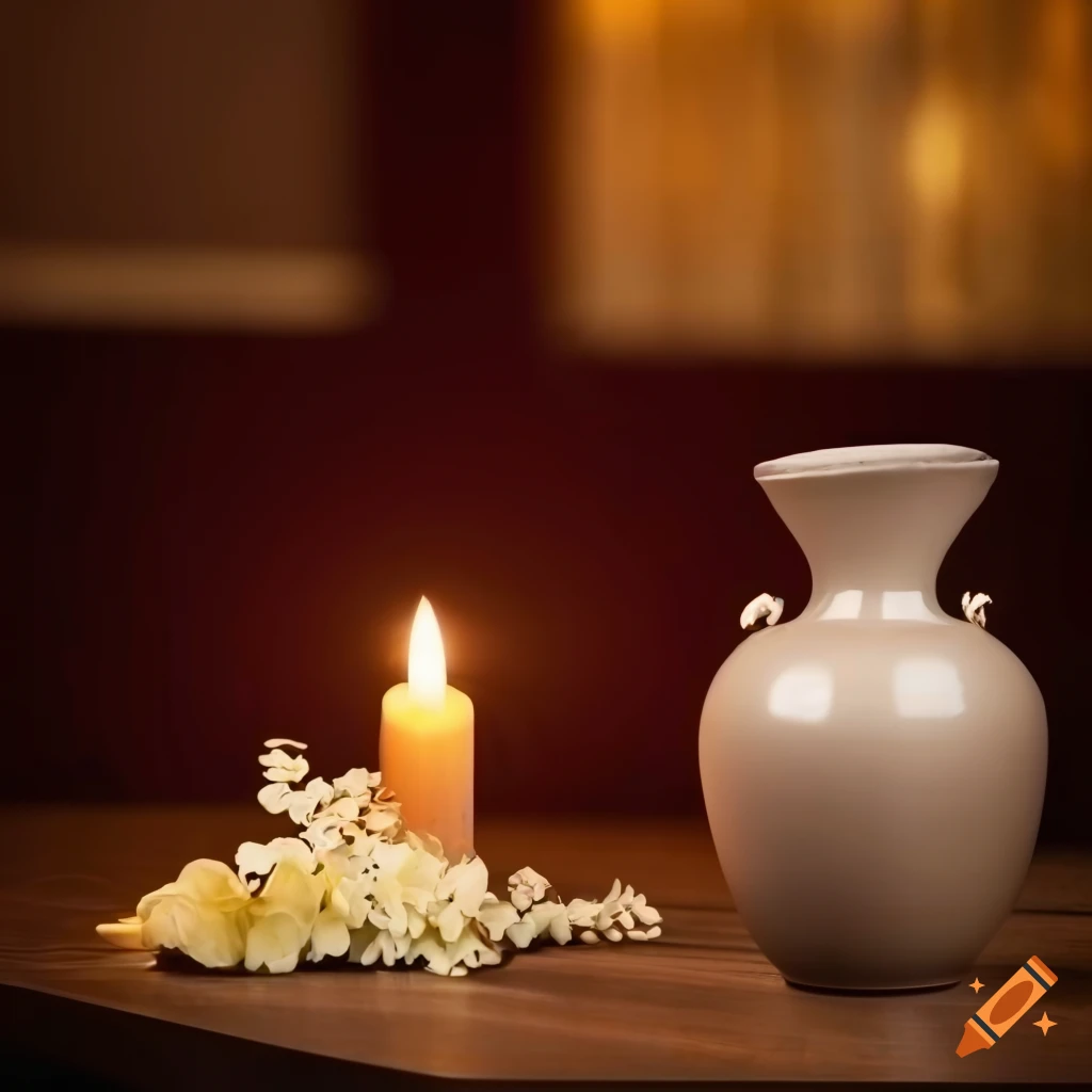 cremation urn with flowers and a lit candle