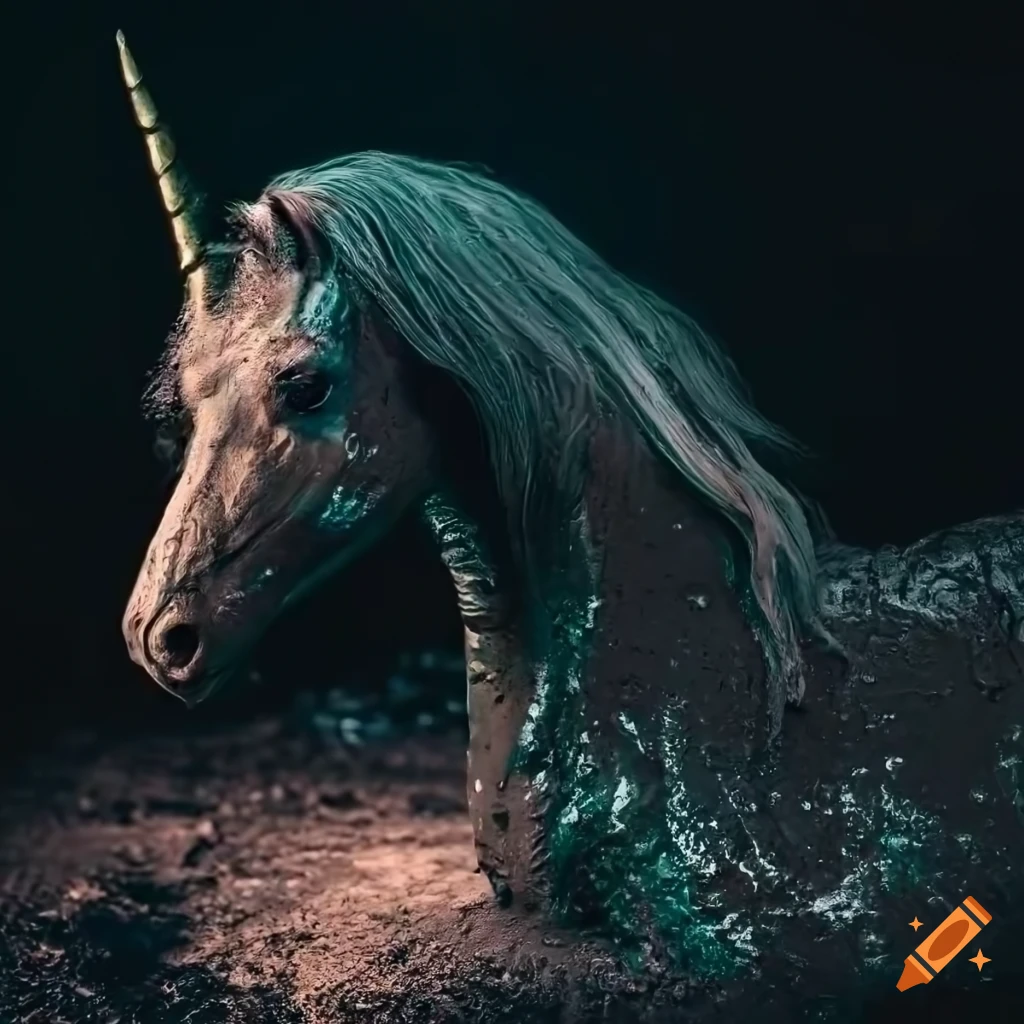 realistic image of a muddy unicorn enjoying a mudbath