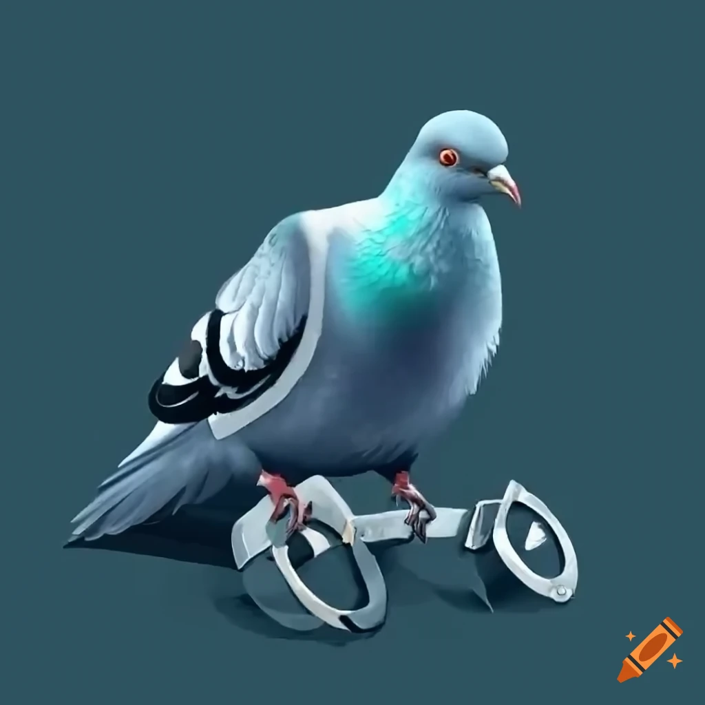 humorous image of a pigeon with handcuffs