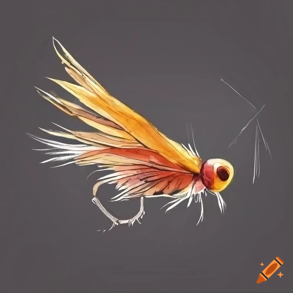 Watercolor illustration of a dry fly lure on Craiyon