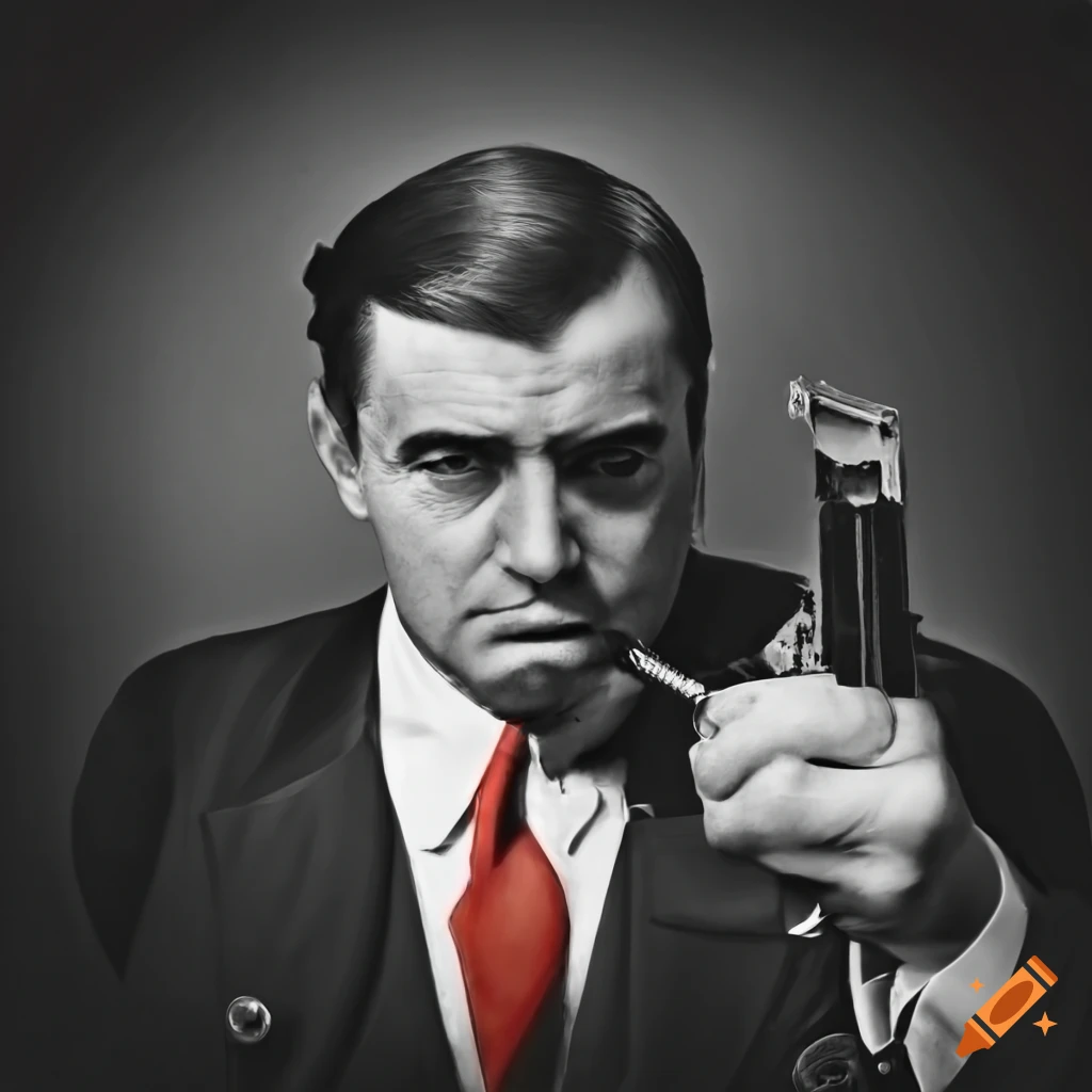 bw photo of a mafia man with a red tie holding a gun