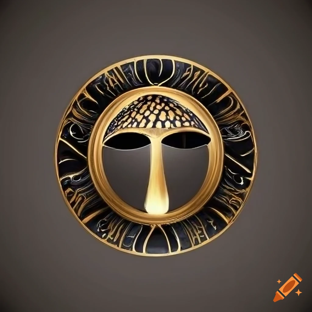 luxurious and elegant logo design with a black and golden mushroom inside a golden lightning bolt circle