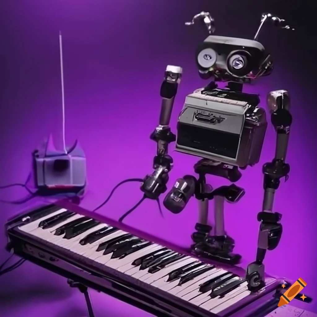 Purplelit antique electronics and modular synthesizer with a robot