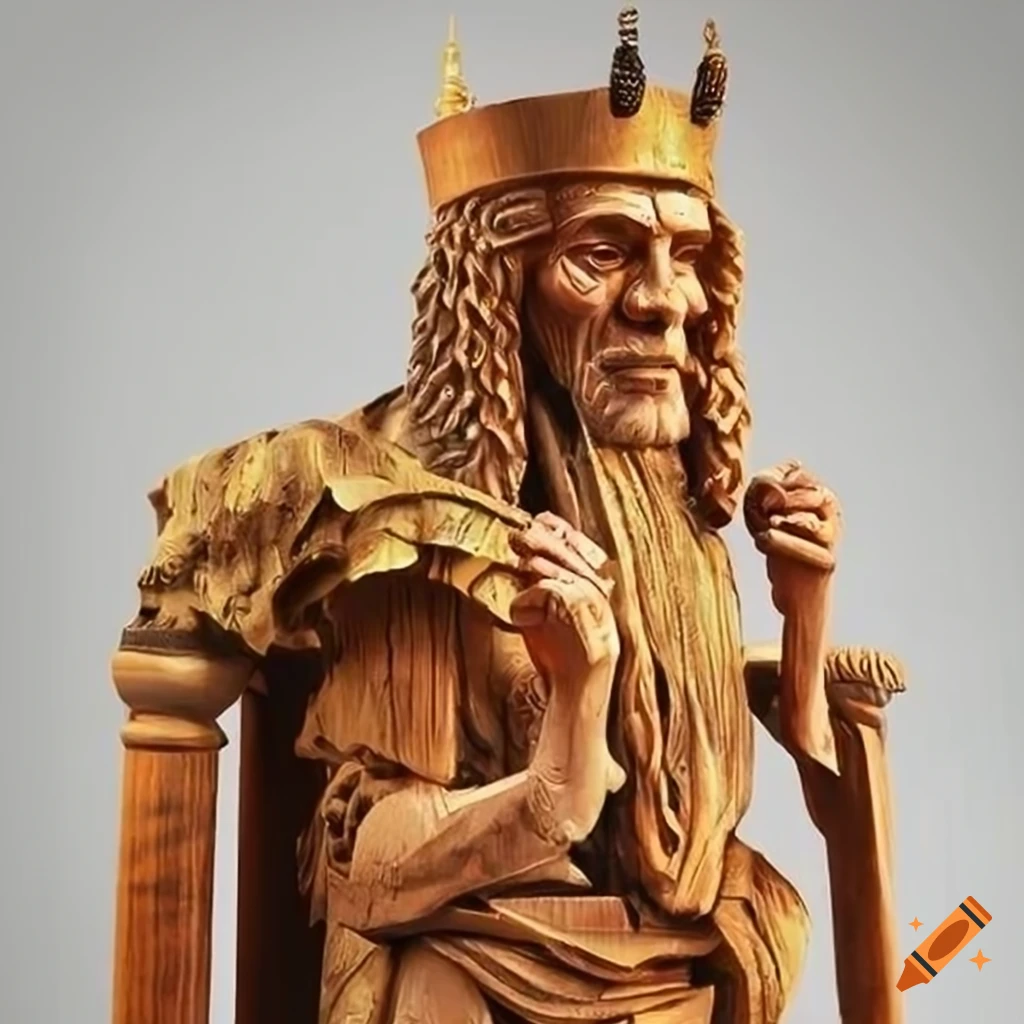 lifelike sculpture of King Ahab made of wood