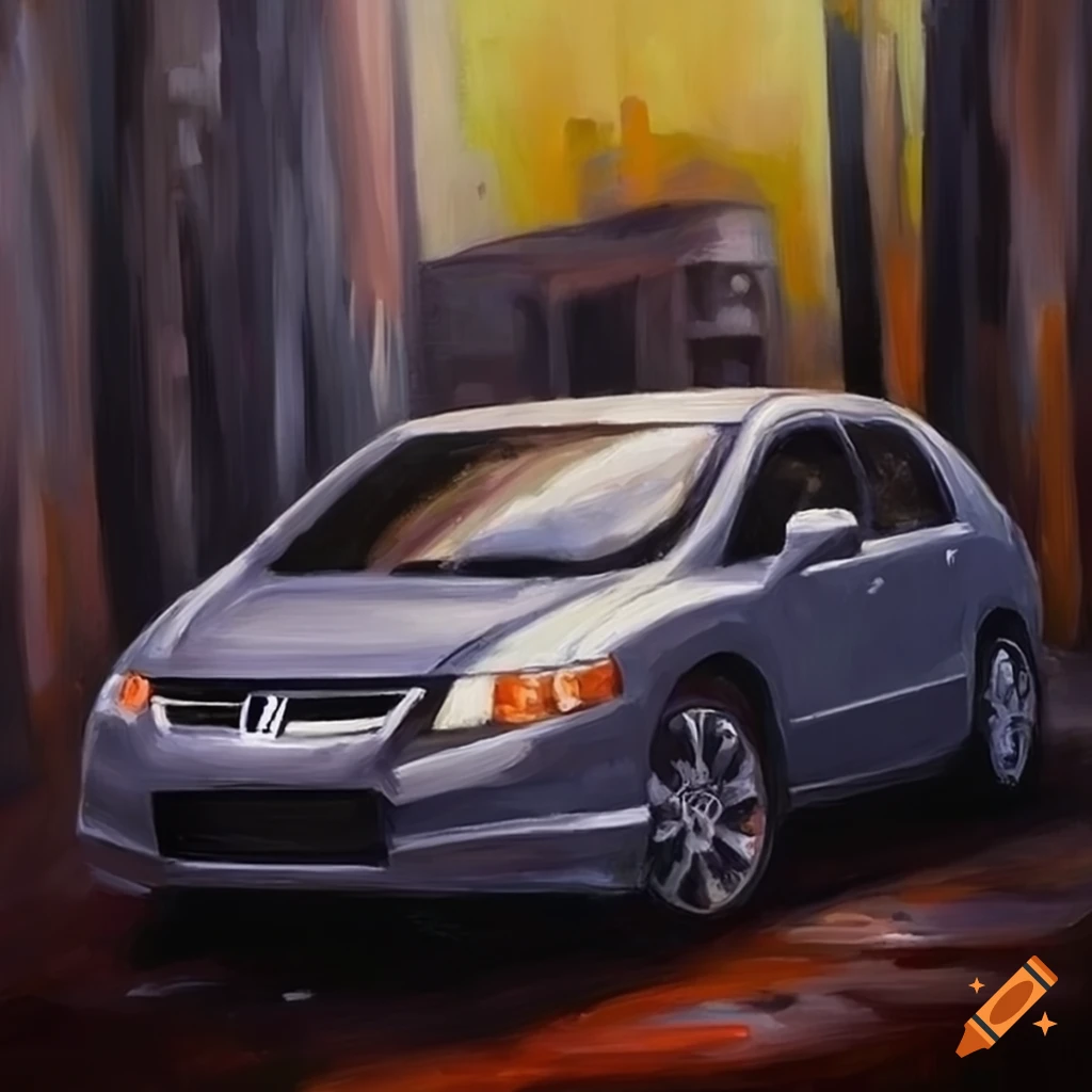 Oil painting of a gray honda civic in a rundown suburban area