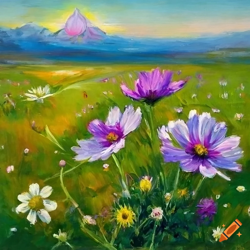 Oil painting of a meadow with star thistle and clover flowers