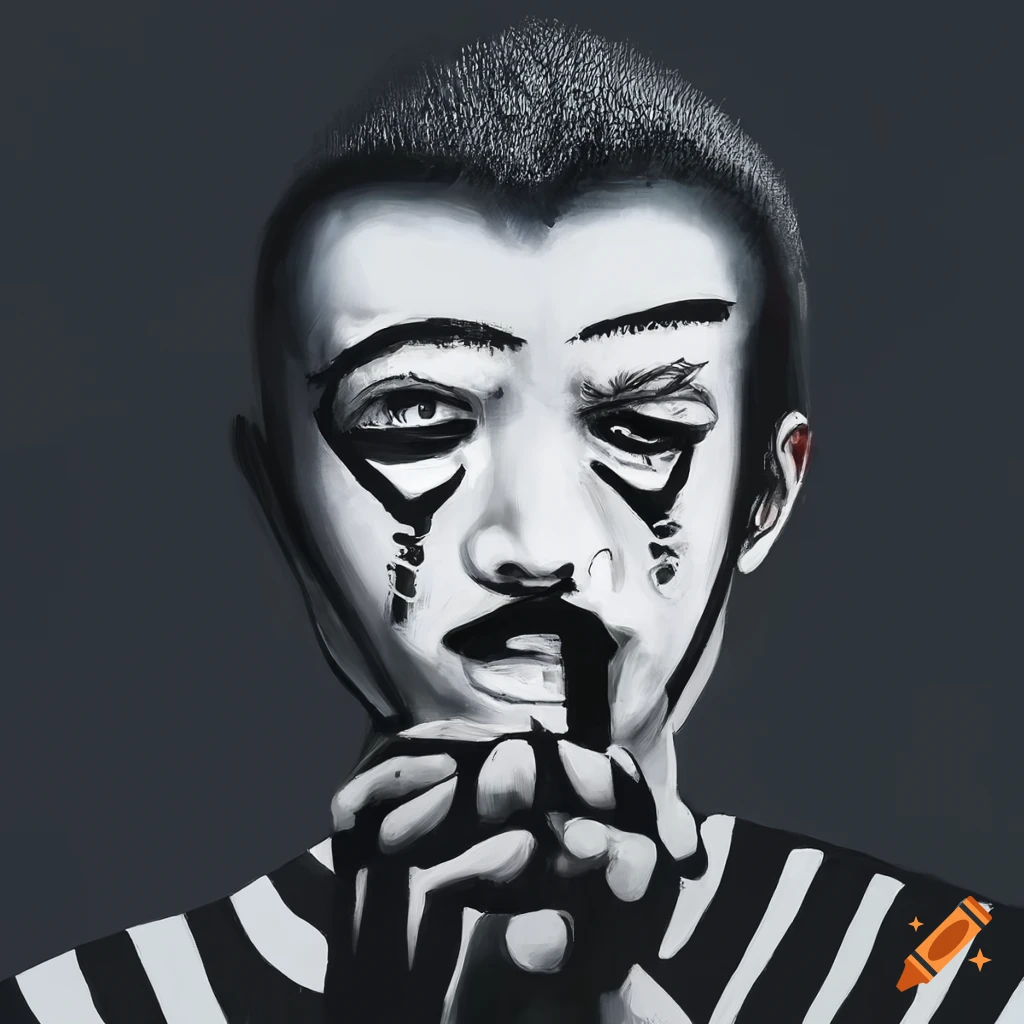 black and white abstract painting of a crying mime