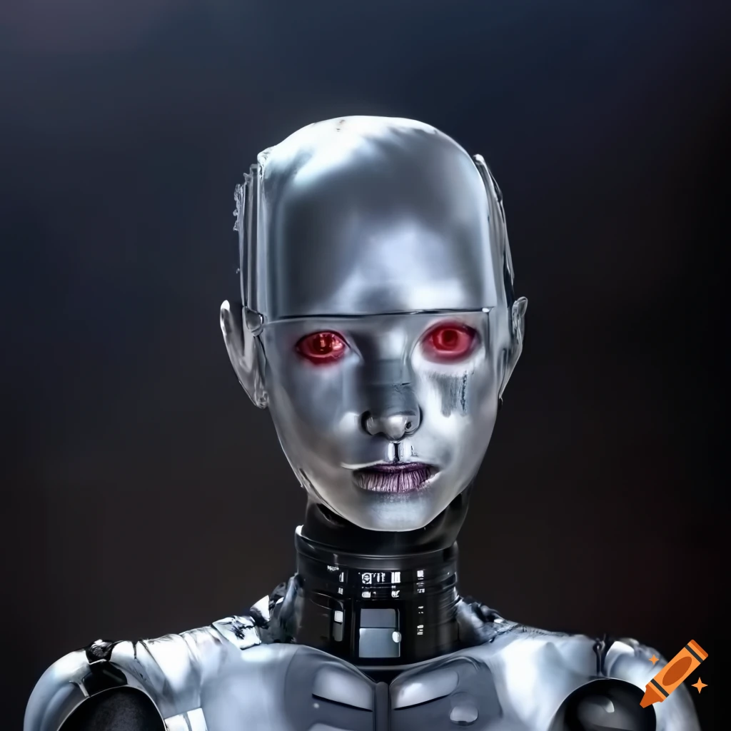portrait of a futuristic robot with piercing red eyes