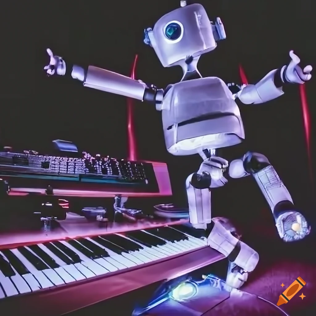 robot dancing on a musical synthesizer keyboard