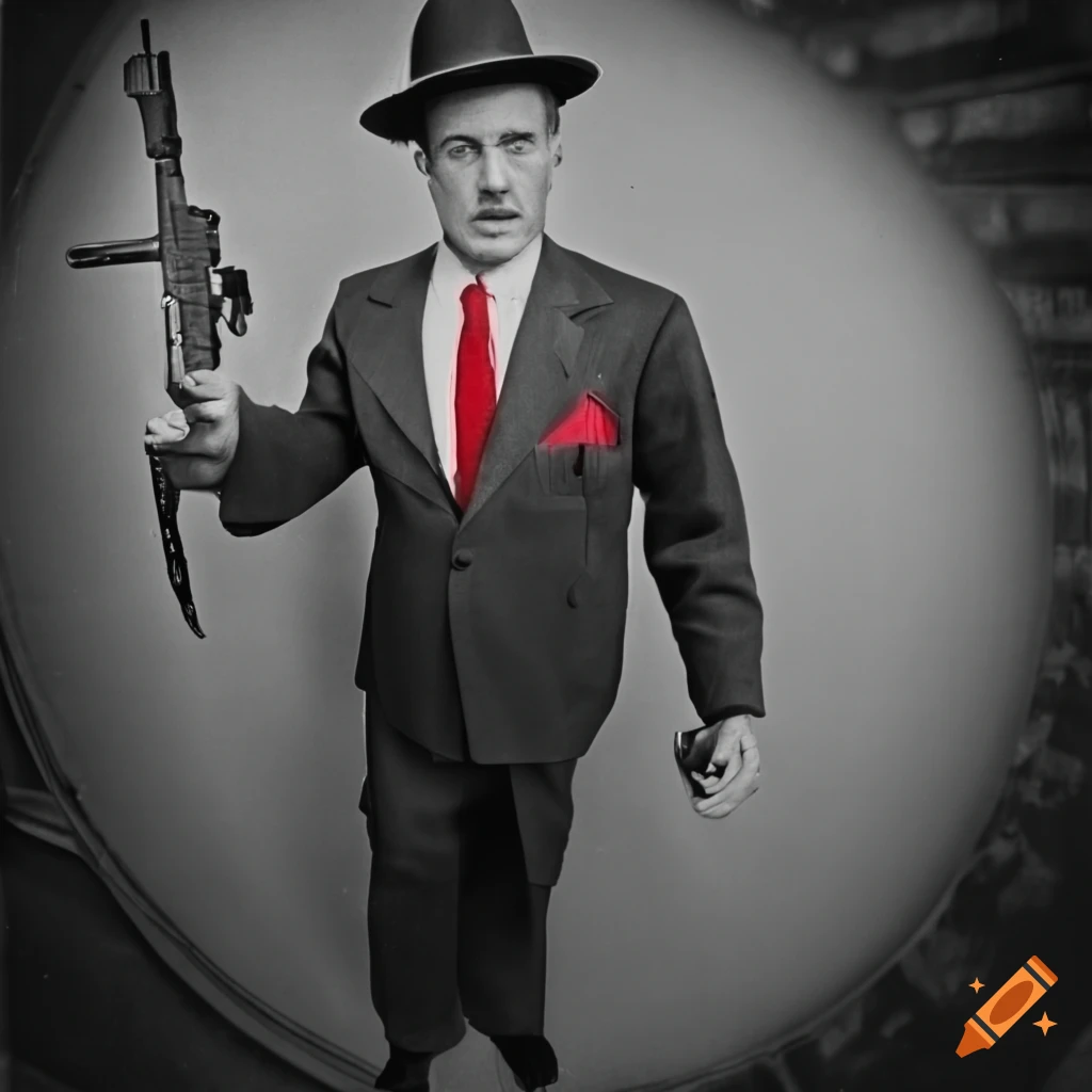 bw photo of a vintage mafia man with a Thompson machine gun