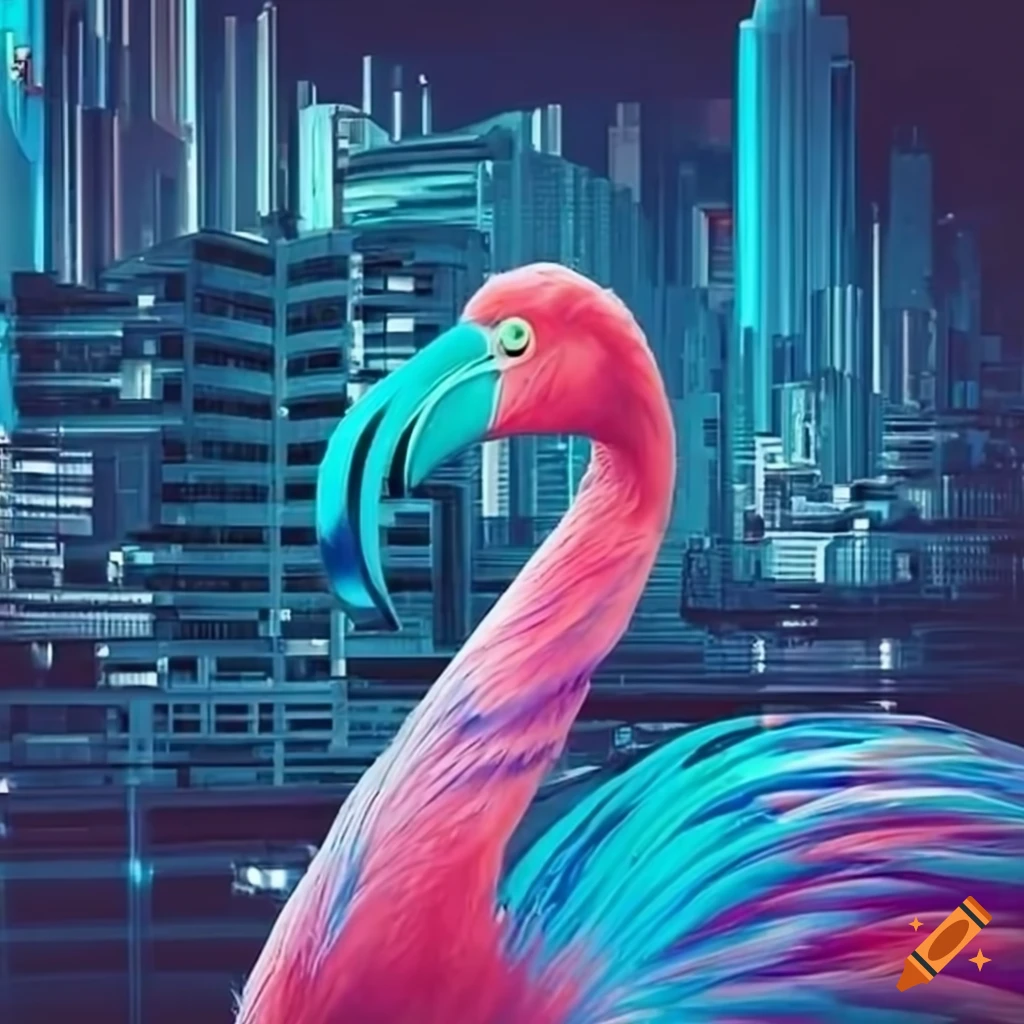 Blue flamingo in a futuristic city on Craiyon