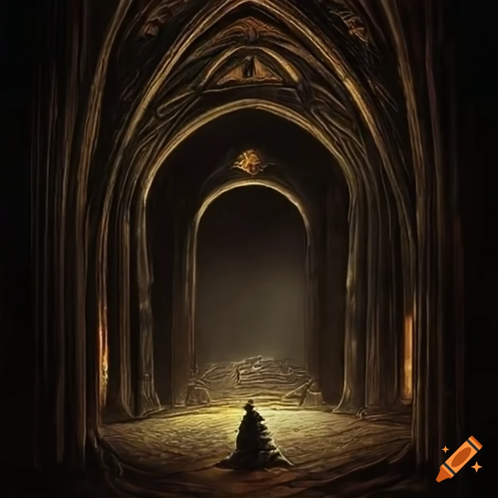 dark and mysterious art of a giant hall with echoing chambers