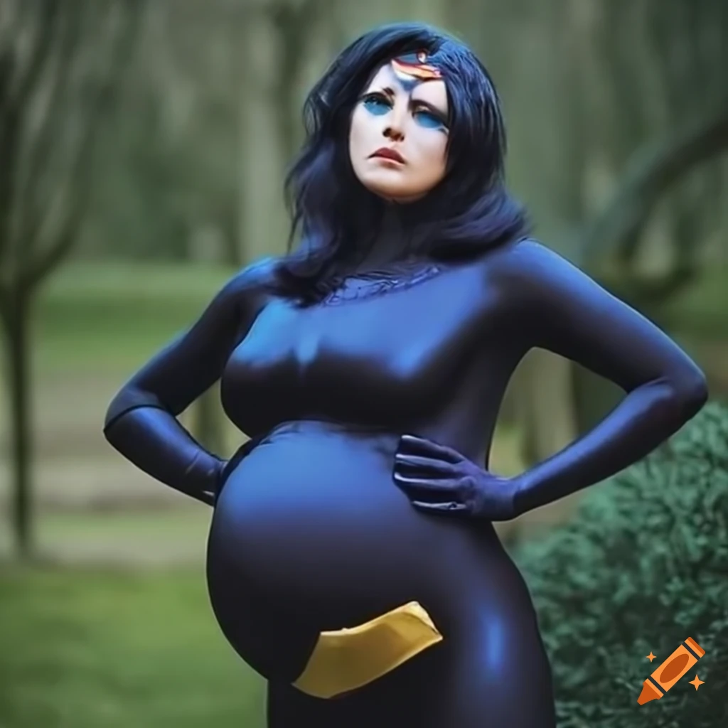 Pregnant raven cosplay in shiny spandex costume on Craiyon