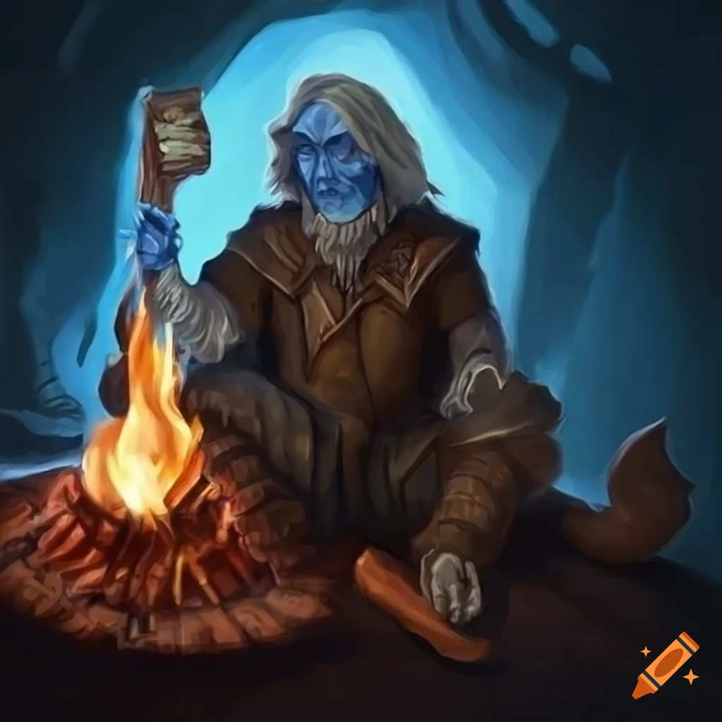 image of a dragonborn wizard sitting by a campfire