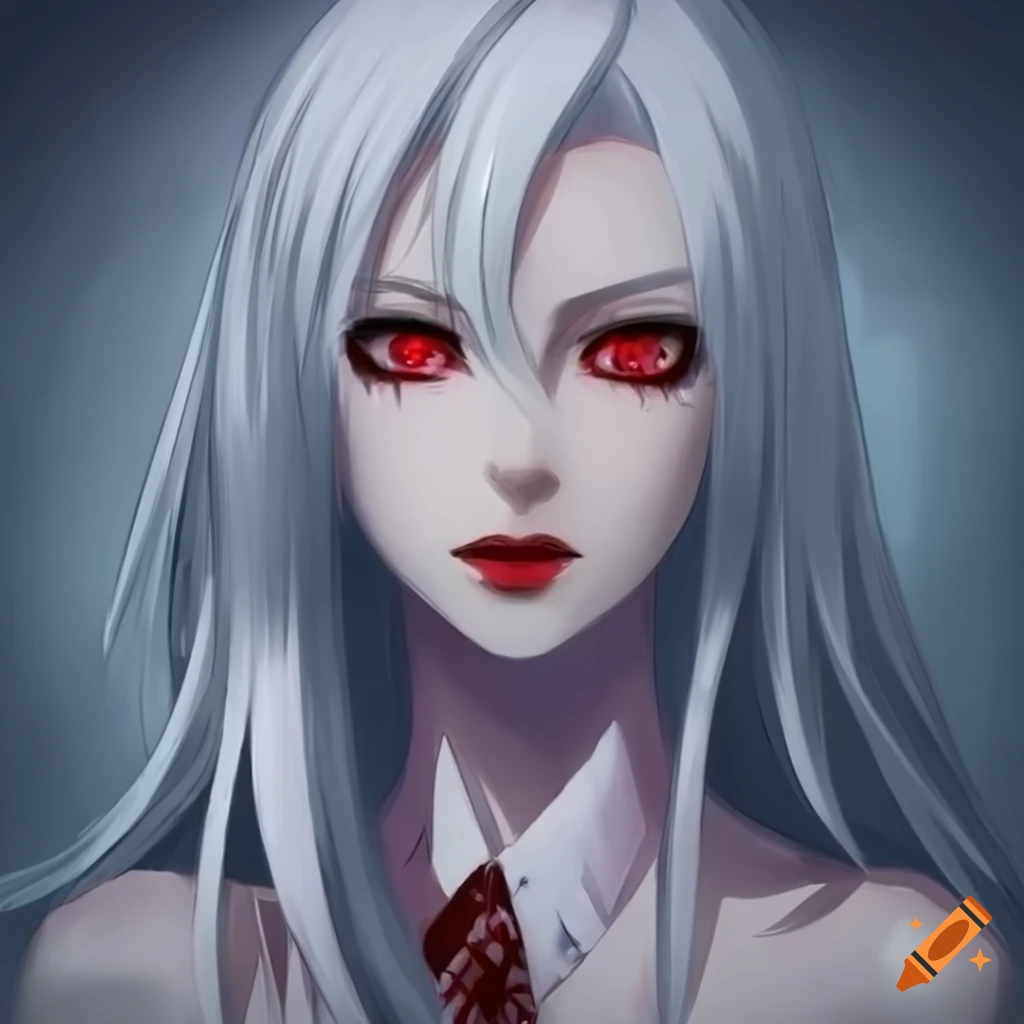 Lexica - Anime girl with white hair and red eyes, open mouth, vampire  teeth, red eyes, happy, looking up, grayscale with red iris