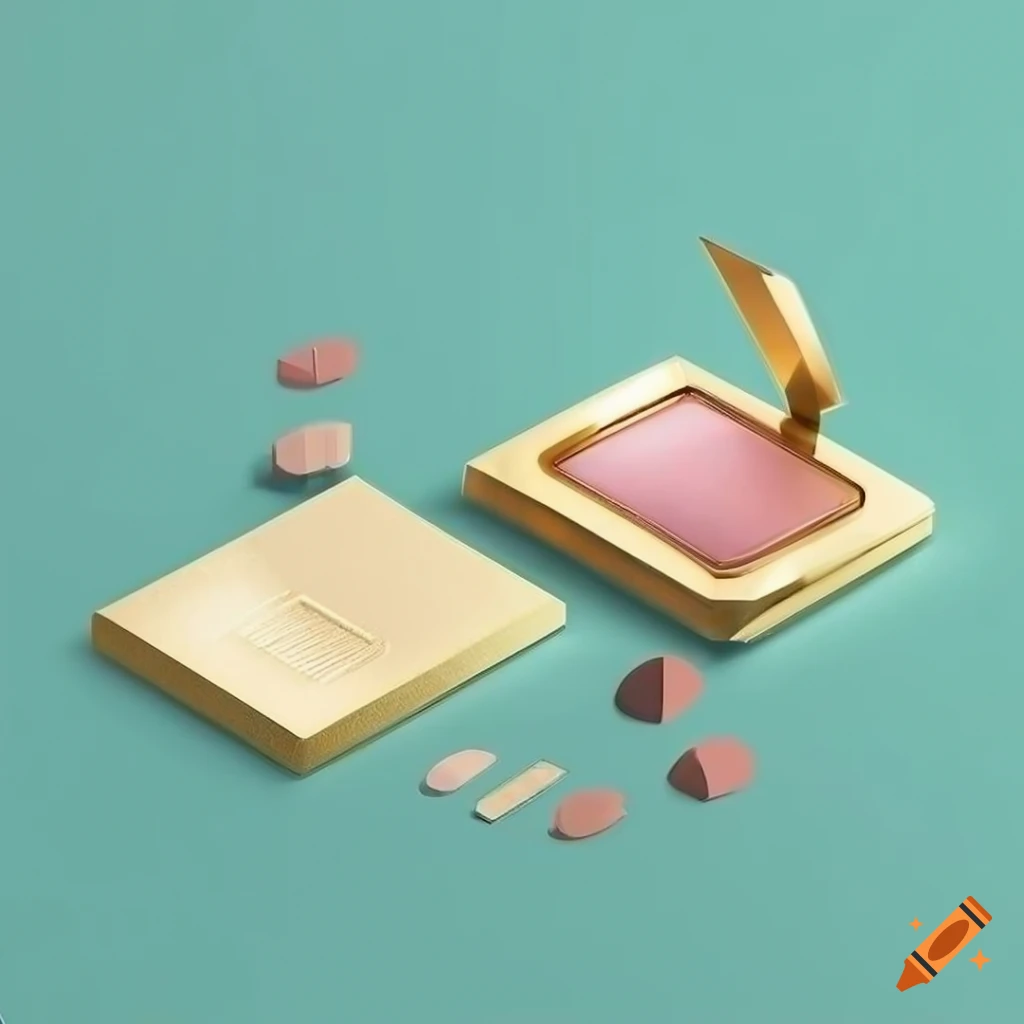 Isometric view of minimalist gold makeup cosmetics on Craiyon