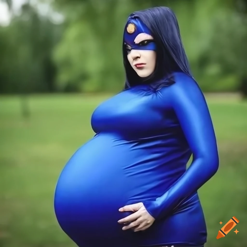 Pregnant raven cosplay in shiny spandex on Craiyon