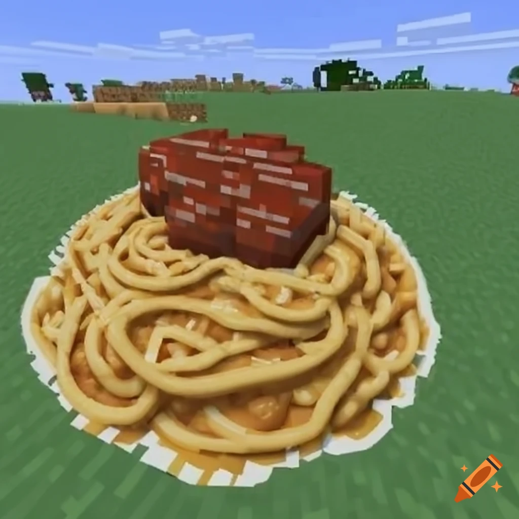 Spaghetti and meatballs block in minecraft on Craiyon