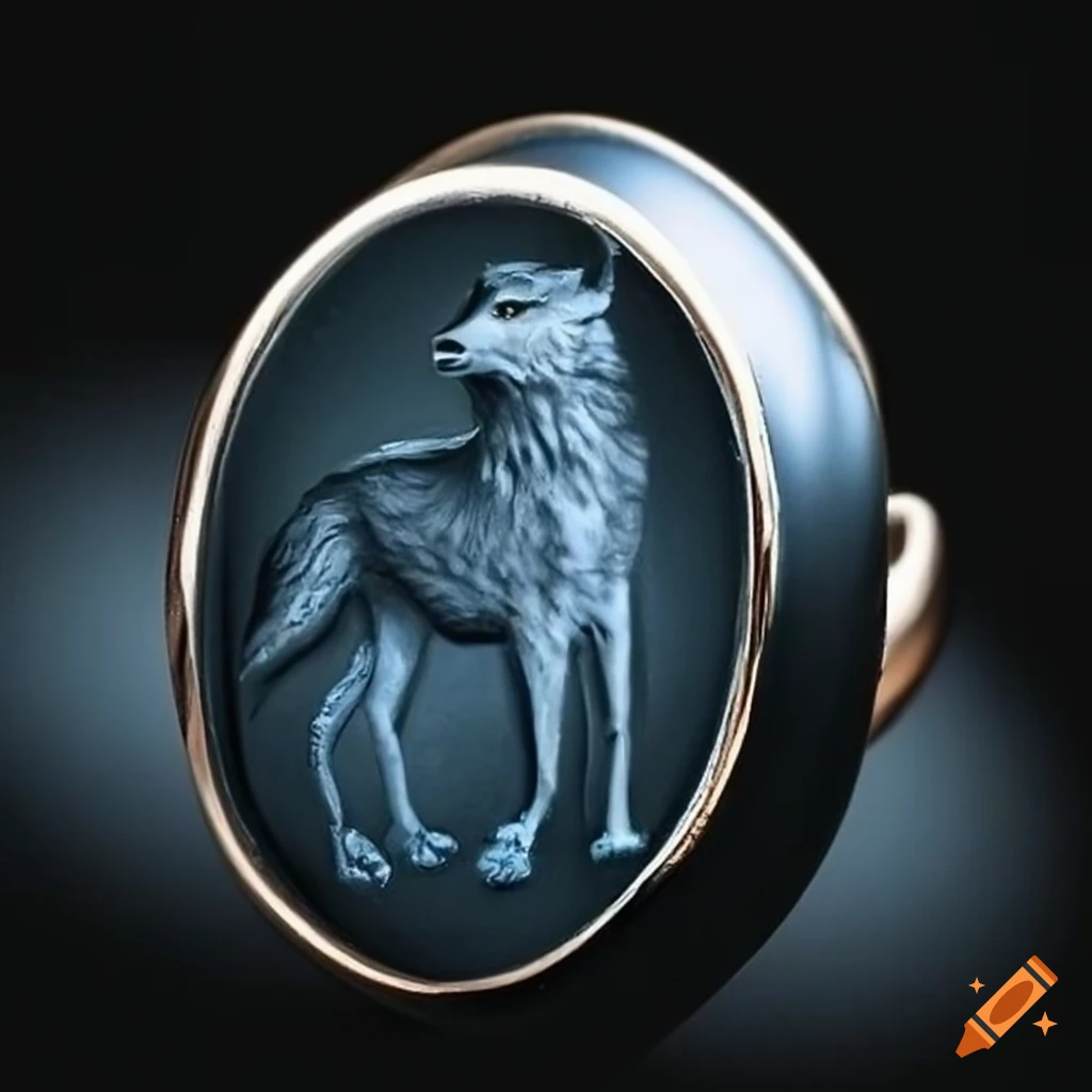 Intaglio ring with a design of a white Loth-wolf on a black background