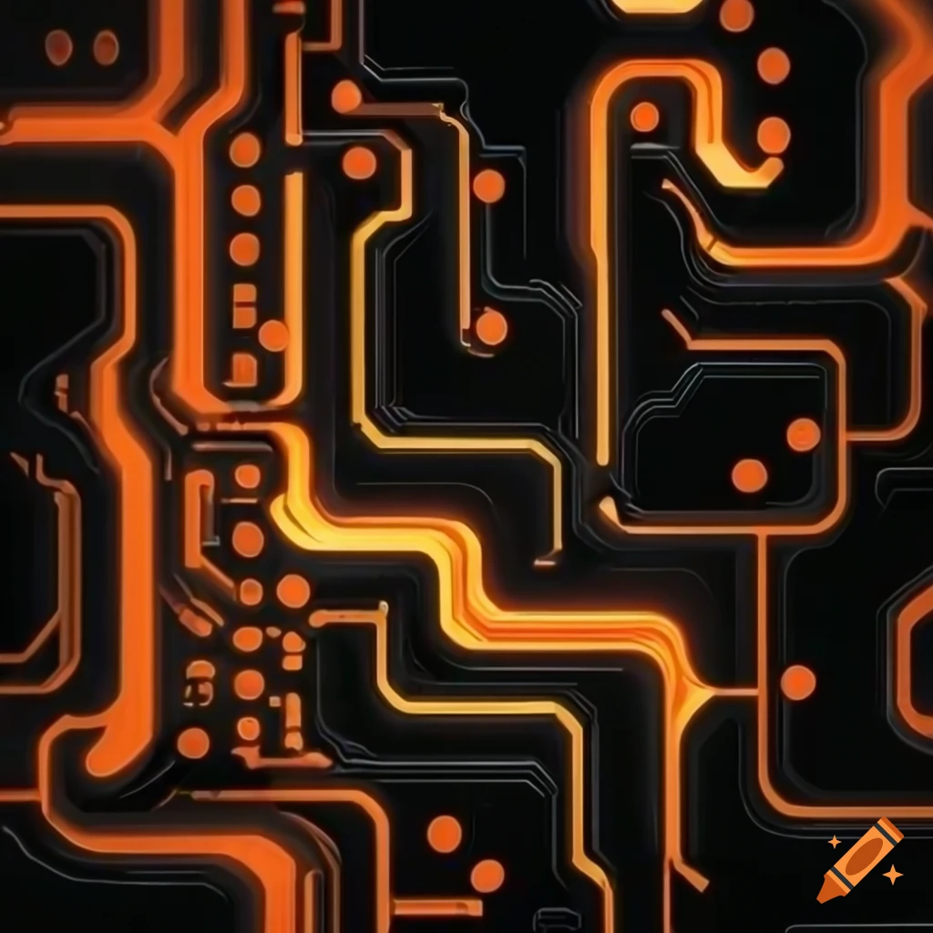 abstract artwork of black and glowing orange circuit boards