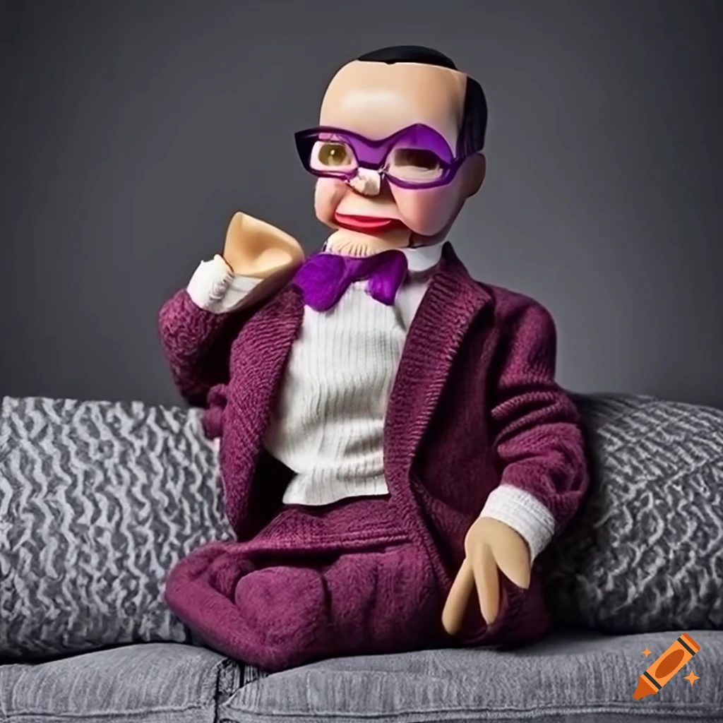Detailed image of a ventriloquist dummy wearing a sweater and purple
