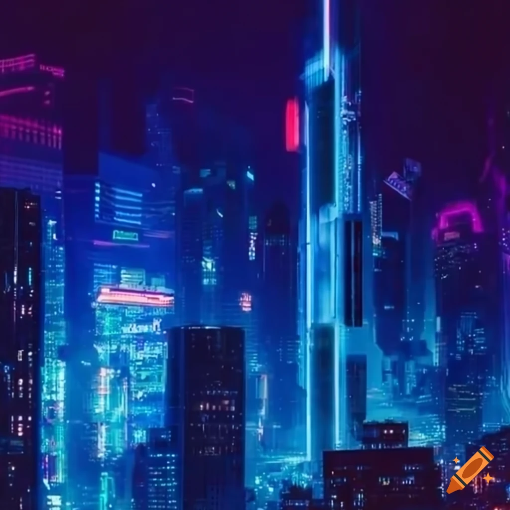 futuristic cyberpunk cityscape with towering skyscrapers