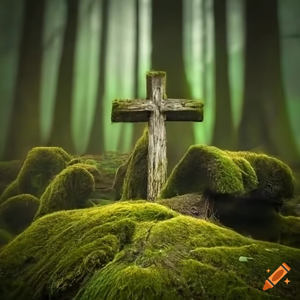 Christian cross in a mossy forest on Craiyon