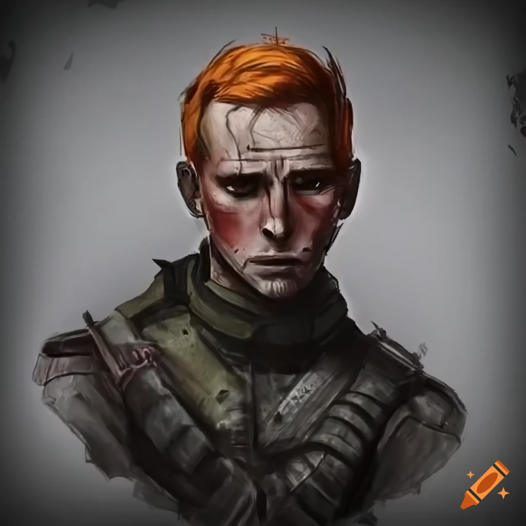 Character design of a strong man with orange hair and scars on Craiyon