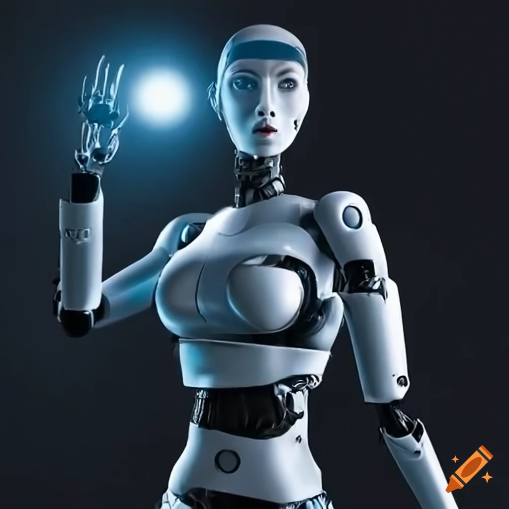 image of a female robot with articulated fingers