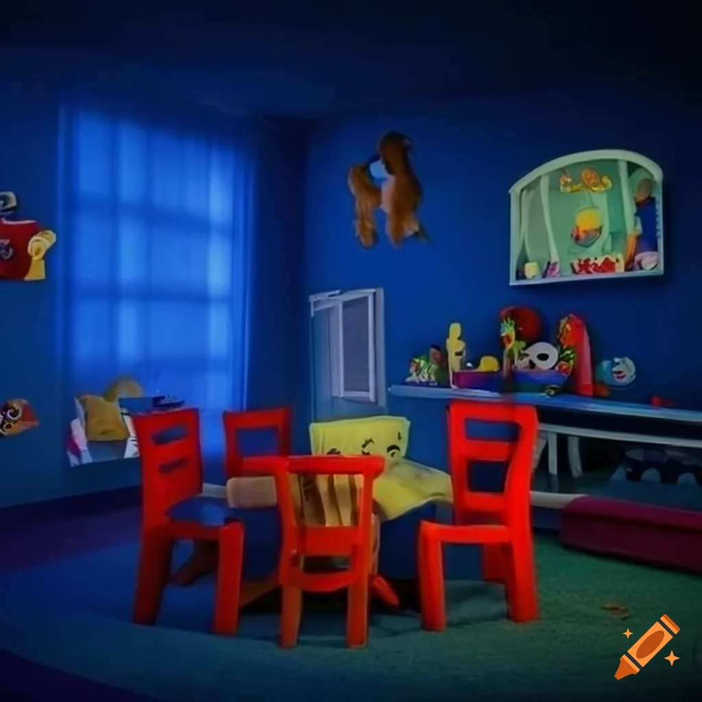 nighttime kindergarten room with plushies and toys