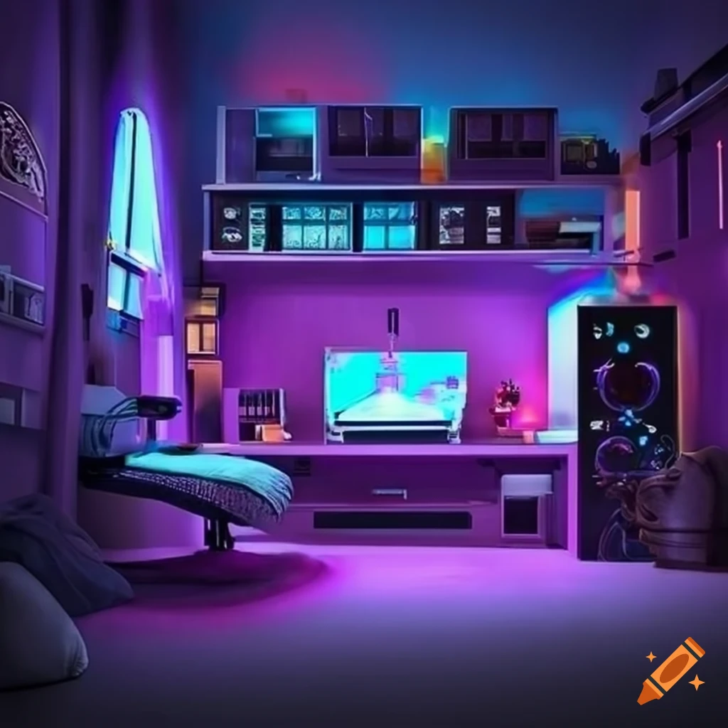 Purple Themed Sci fi Gamer Bedroom On Craiyon