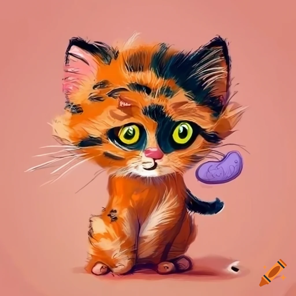 cartoon-style tricolor kitten inspired by Gaston Lagaffe's cat