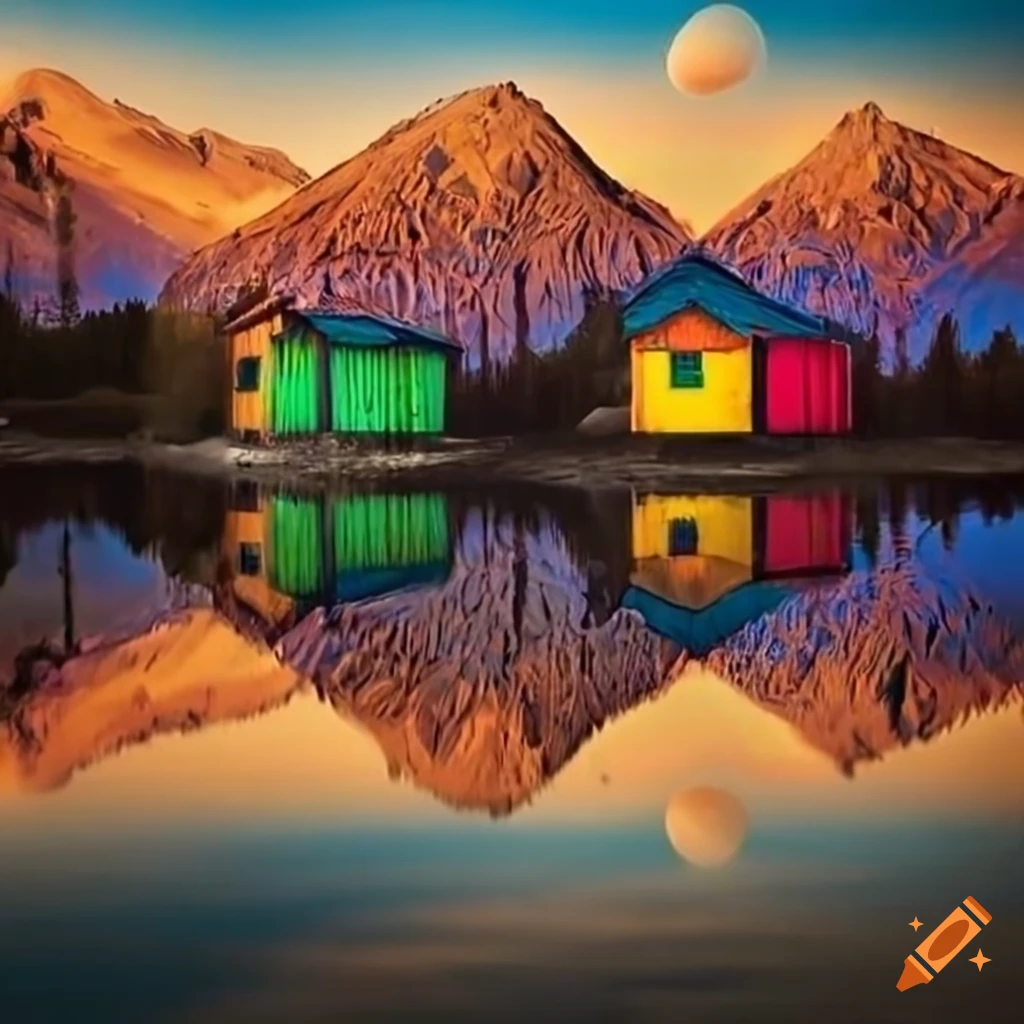 colorful huts reflecting in a pond