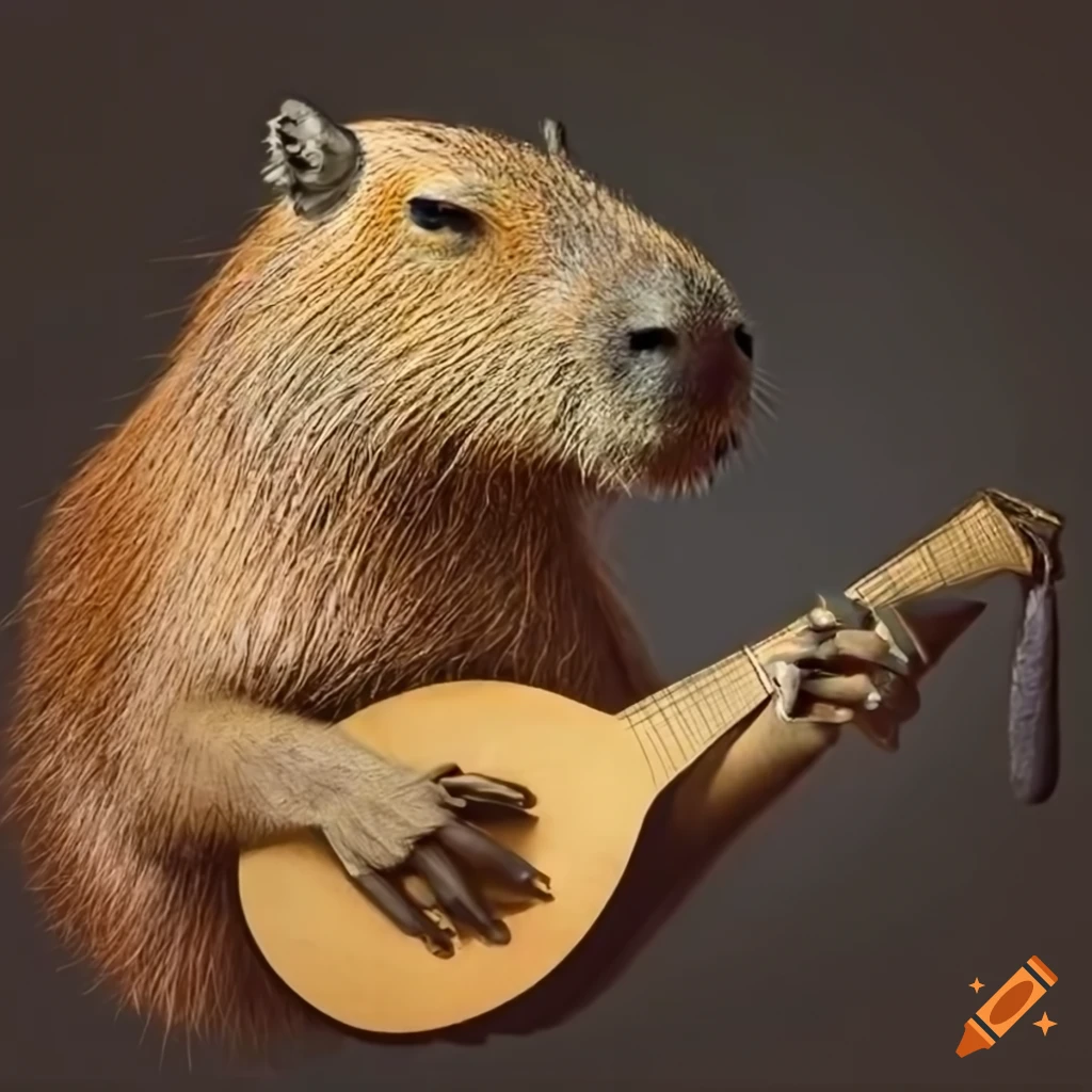 capybara playing a lute and wearing a bards hat
